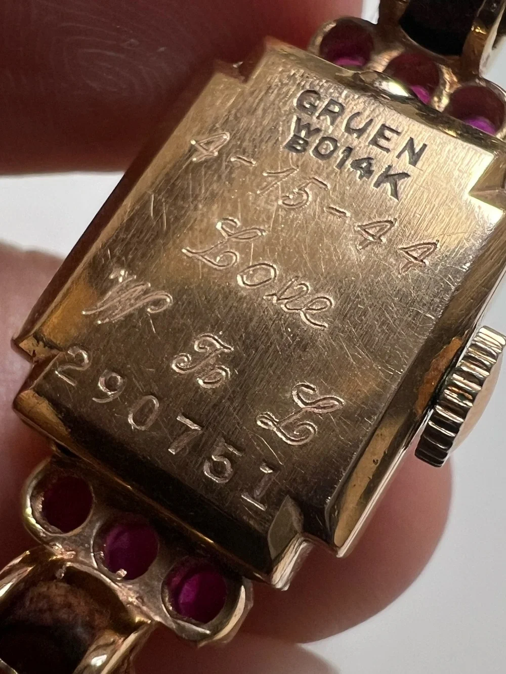 Gruen Precision wristwatch crafted in 14k rose gold with rubies and diamonds